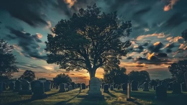 Fantastically mysterious cemetery with tombstones and terribly scary atmosphere, abstract vivid composition consists of fictional unreal fantastic vision on background