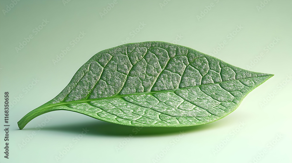 Poster close-up of a vibrant green leaf showcasing intricate textures and patterns against a soft backgroun