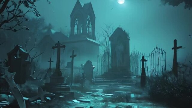 Fantastically mysterious cemetery with tombstones and terribly scary atmosphere, abstract vivid composition consists of fictional unreal fantastic vision on background