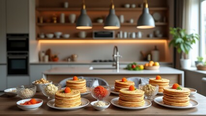 Fototapeta premium Family gathering, Modern kitchen with blini stacks and sauces set for Maslenitsa photorealistic blend.