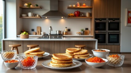Family gathering, Modern kitchen with blini stacks and sauces set for Maslenitsa photorealistic blend.