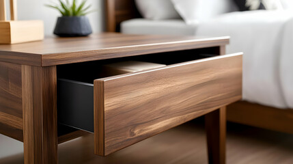 Close-up of a wooden bedside table with an open drawer, showcasing modern interior design and minimalistic style.