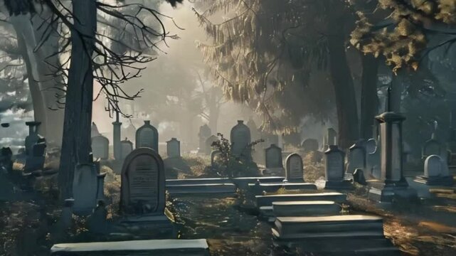 Fantastically mysterious cemetery with tombstones and terribly scary atmosphere, abstract vivid composition consists of fictional unreal fantastic vision on background