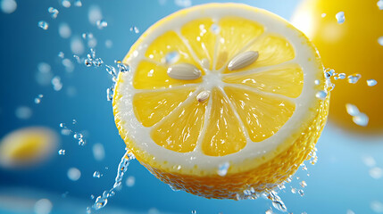Fresh lemon slice splashes in water, showcasing vibrant color and juicy texture, perfect for beverage ideas.