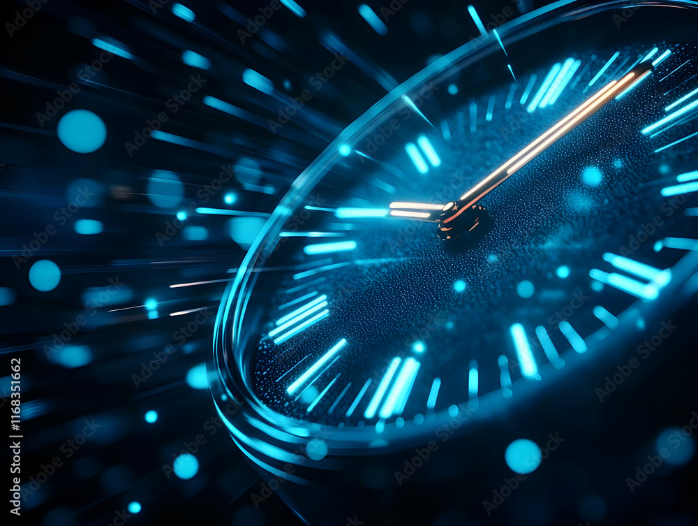 Poster futuristic clock with dynamic lighting effect, symbolizing time and technology in a digital concept.