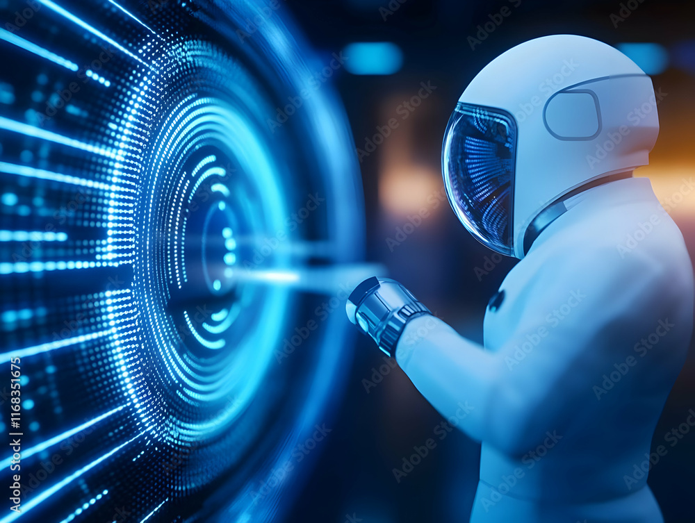 Poster futuristic astronaut interacting with a digital interface in a high-tech environment. innovation and