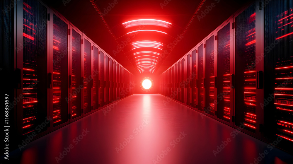 Poster futuristic data center illuminated with red lights, showcasing advanced computing technology and ser