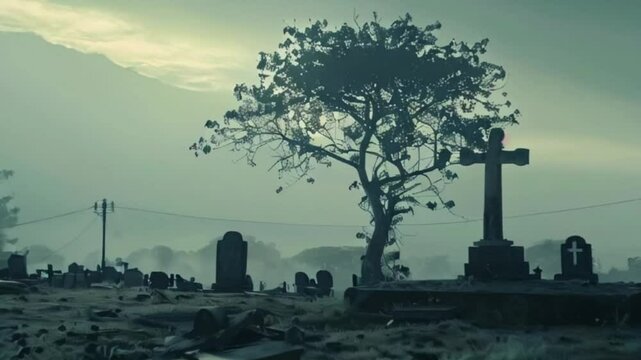 Fantastically mysterious cemetery with tombstones and terribly scary atmosphere, abstract vivid composition consists of fictional unreal fantastic vision on background