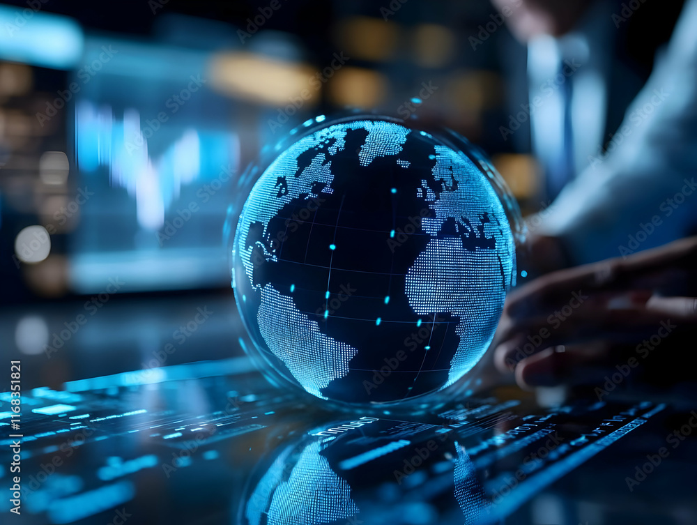 Poster futuristic globe interaction with data analytics on a digital screen in a modern business environmen