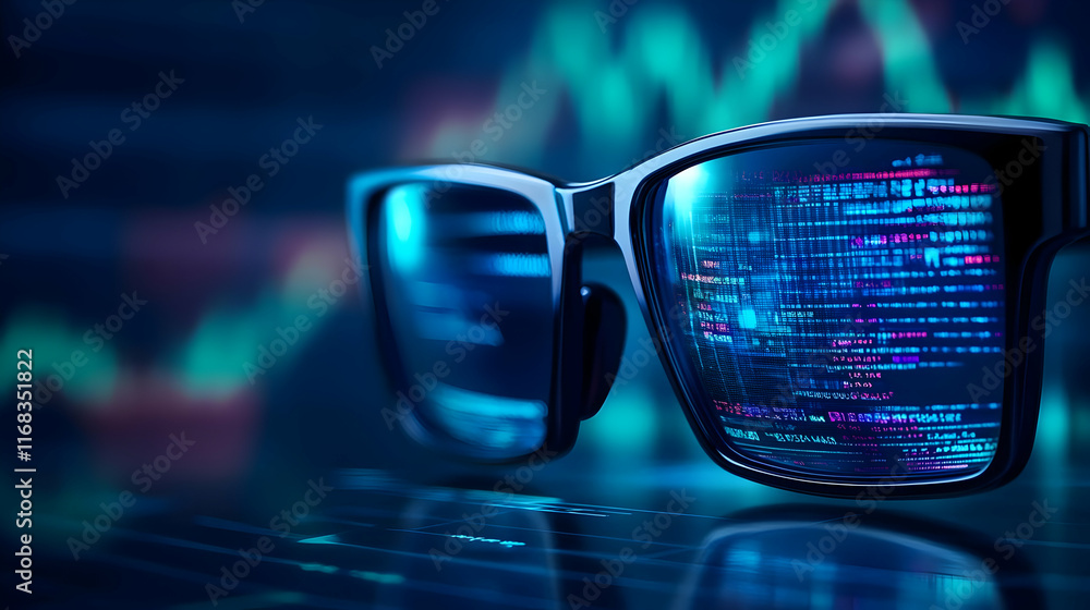Poster futuristic glasses displaying data analytics, symbolizing innovation in technology and digital insig