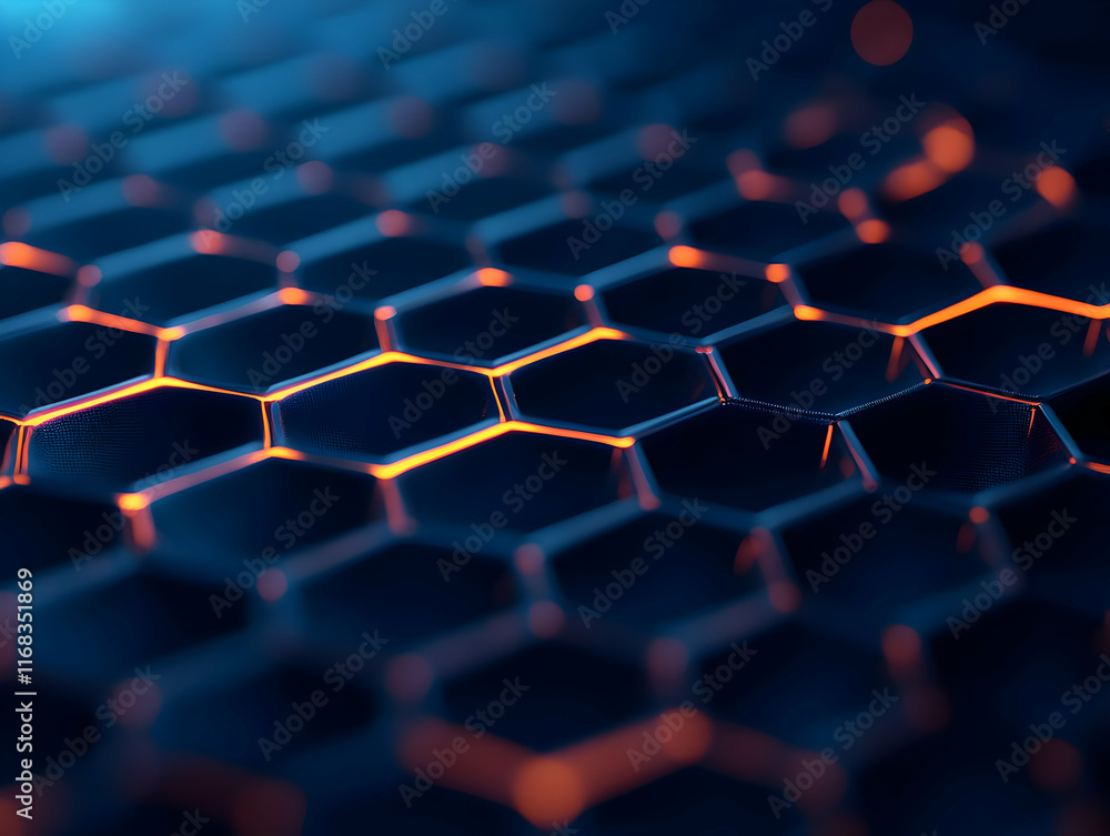 Poster futuristic hexagonal pattern with glowing edges for modern technology themes and digital design.