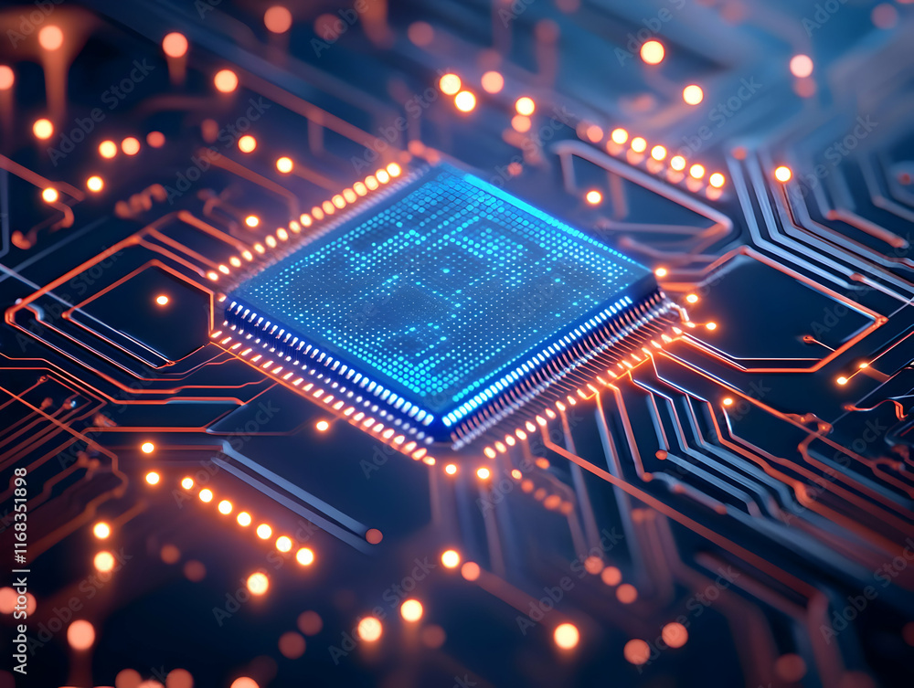 Poster futuristic microchip design illuminated with blue lights, showcasing intricate circuit patterns and 