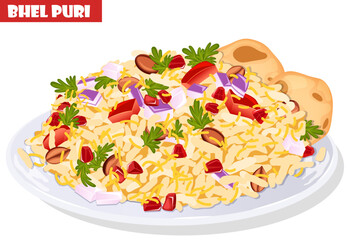 Bhel Puri Chaat Plate. Puffed Rice, Papdi, Sev, Roasted Peanuts, Tomatoes, Onions, Pomegranate Arils and Cilantro. Famous Indian Bombay Street Food Art