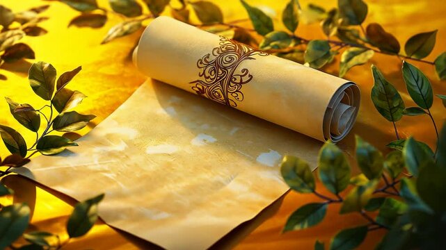Torah scroll  with olive branches on yellow background , idea for Simchat Torah advertising background