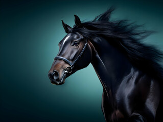 Majestic black horse with flowing mane against a vibrant backdrop, showcasing strength and beauty.