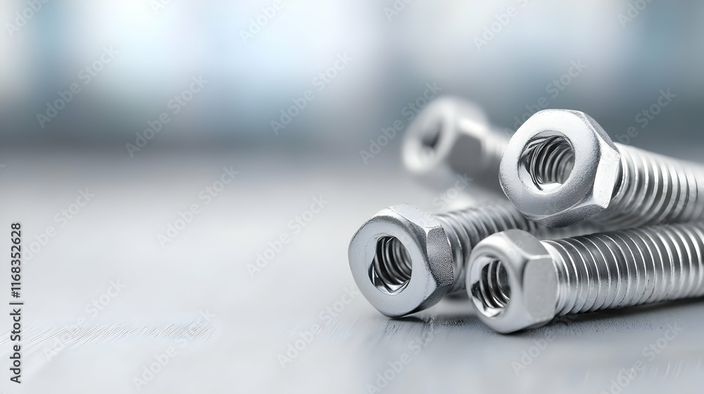 Poster close-up of shiny metal bolts showcasing intricate threads and precision design for engineering appl