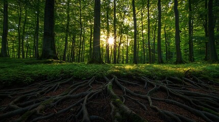 Obraz premium Majestic Sunlit Forest Canopy with Lush Intertwined Roots and Vibrant Foliage