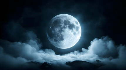 Fototapeta premium Stunning full moon glowing in a dark sky surrounded by soft, fluffy clouds creating a serene nighttime atmosphere.