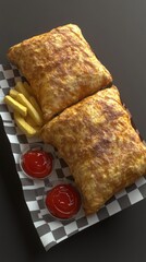 Two golden, crispy pastries with fries and ketchup on a checkered tray.