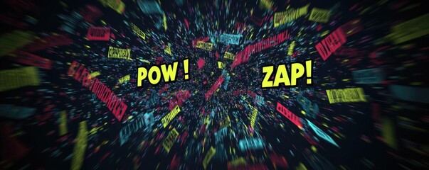 A dynamic explosion of colorful words like "POW!" and "ZAP!" against a dark background.