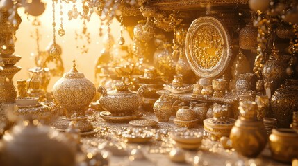A lavish display of ornate golden artifacts and decorative items, illuminated by warm light.