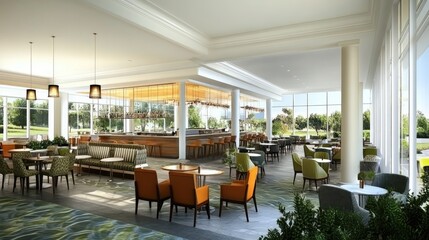 Modern interior of a dining area with a bar and large windows overlooking greenery.