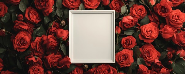 simple valentine background with a blank white frame surrounded by roses