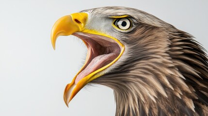 A close-up of an eagle with its beak open, showcasing its fierce expression.