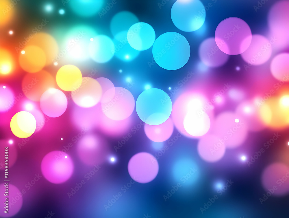 Poster Vibrant bokeh background with colorful circles creating a festive and dreamy atmosphere.