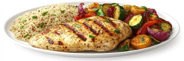 Grilled chicken breast served with quinoa and mixed vegetables on a plate.
