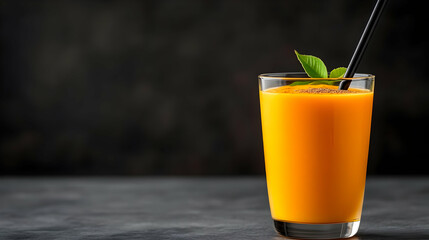Vibrant orange juice with fresh mint leaves served in a glass on a dark background, perfect for refreshing beverages.