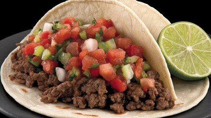 A close-up of two tacos filled with seasoned beef and fresh salsa, garnished with lime.