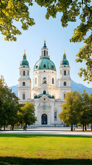 Fototapeta premium Austrian Church, sunny day, city park, mountains background, travel brochure.