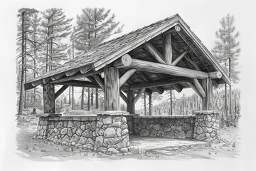 Stunning rustic pavilion built from logs and stone, surrounded by serene forest scenery.