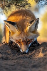 Fototapeta premium A red fox with its head lowered, sniffing the ground in a natural setting.