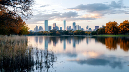 Autumn Sunset, Dallas Skyline Reflected in Lake, Cityscape, Peaceful Park, Travel Poster.