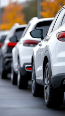Autumn Traffic Jam Cars lined up on city street, blurred autumn leaves background, transportation imagery.