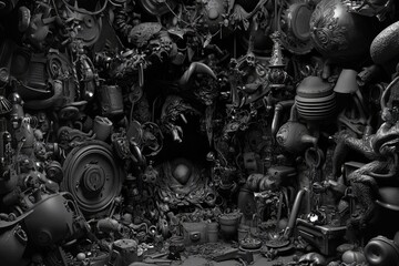 A dark, intricate collection of various objects and textures, creating an immersive environment.