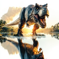 A roaring dinosaur stands in a reflective lake at sunset, showcasing prehistoric power.