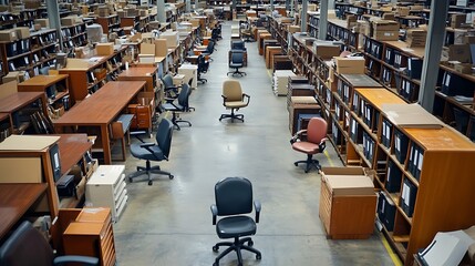 High-angle view of a large warehouse filled with office furniture, including desks, chairs, and boxes.
