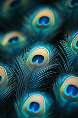 A vibrant illustration of peacock feathers in an extreme close-up, highlighting the vivid colors