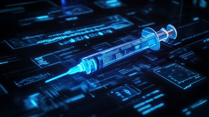 A digital syringe illustration surrounded by glowing data elements, symbolizing modern medicine and technology.