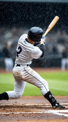 Baseball Player Batting Rain Stadium Game Action.