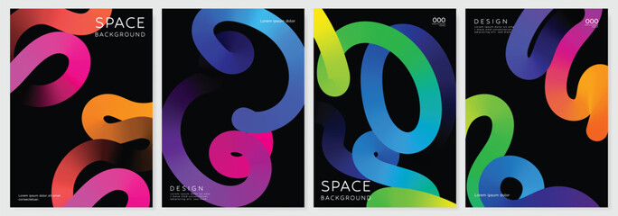 Abstract gradient line card template design vector set. Creative concept modern art design with dynamic colorful line shapes with overlay effect. Illustration for celebration, branding, ads. 