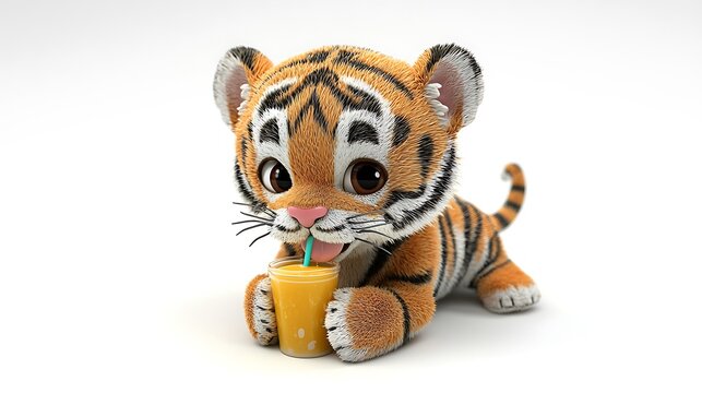 Adorable Cartoon Tiger Cub Enjoying Orange Juice Drink
