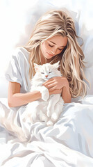 Naklejka premium Blonde woman cuddling white cat in bed, sunlight streaming, peaceful morning, website banner.