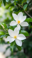 Fototapeta premium Blooming White Magnolia Flowers in Garden, Nature Background, Botanical Print.