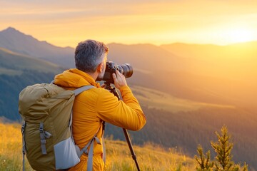 A man in a yellow jacket takes photos of a stunning sunset over mountains, showcasing the beauty of nature and photography.