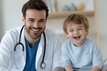A smiling doctor and a cheerful child share a joyful moment, showcasing a warm and caring relationship in a healthcare setting.