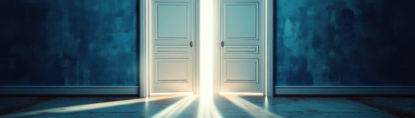 A pair of open doors emitting light, suggesting opportunities or choices.